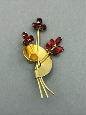 Vintage Coro Sterling Silver Gold Vermeil Red Crystal Floral Brooch